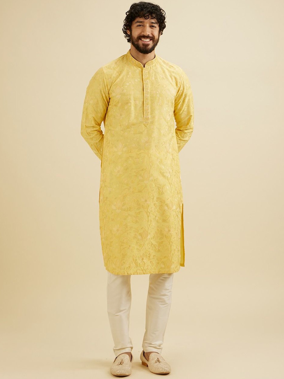

Manyavar Men Embroidered Regular Sequinned Kurta with Pyjamas, Yellow