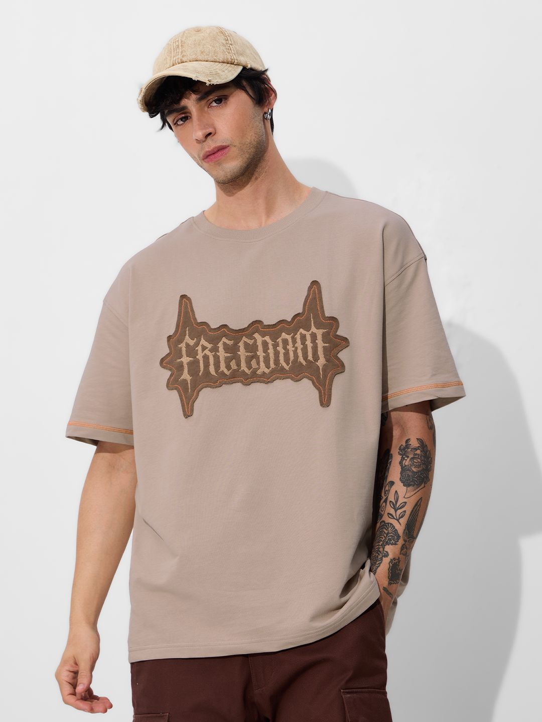 

The Souled Store Men Typography Printed Applique T-shirt, Brown
