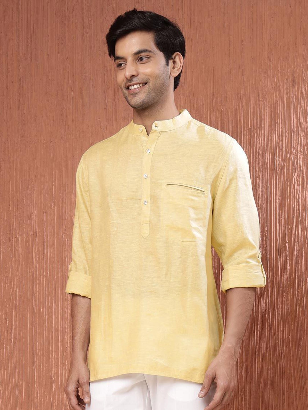 

Fabindia Men Slim Fit Opaque Casual Shirt, Yellow