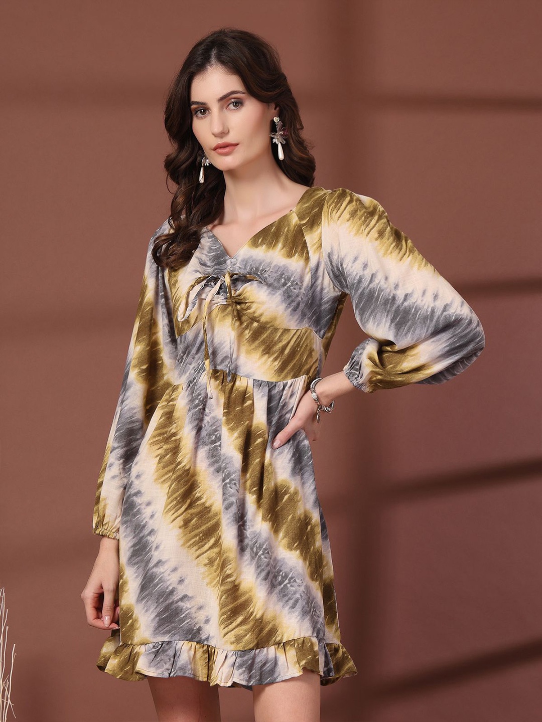 

plusS Tie and Dye Print Tie-Up Neck Puff Sleeve Fit & Flare Mini Dress, Black