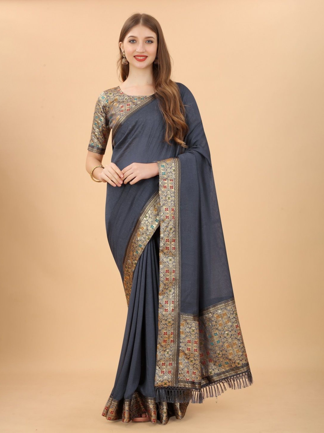 

DHRUTI CREATION Woven Design Zari Saree, Grey