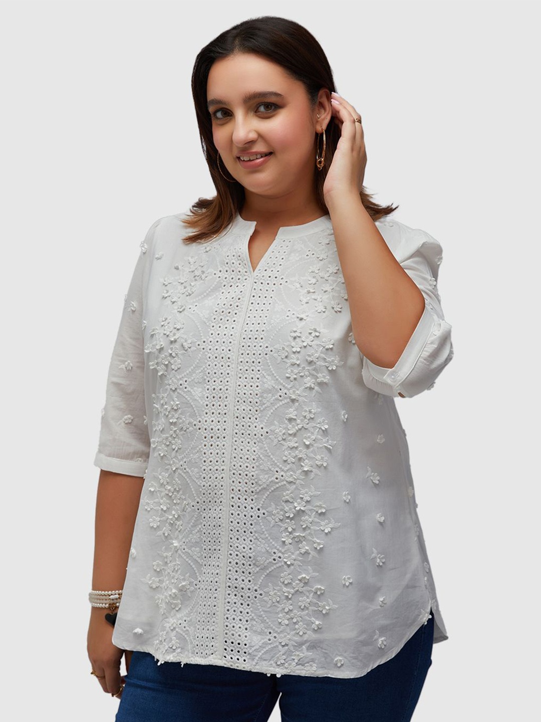 

Presence Embroidered Mandarin Collar Cotton Top, White