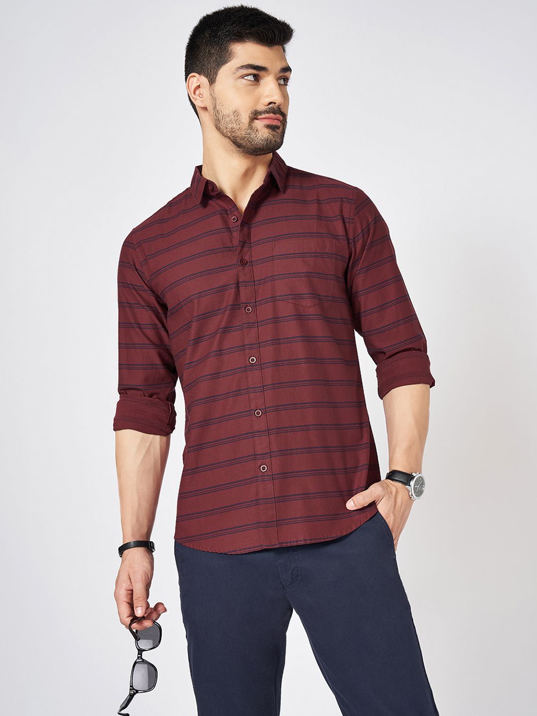 

BYFORD by Pantaloons Men Slim Fit Horizontal Stripes Opaque Casual Shirt, Mauve