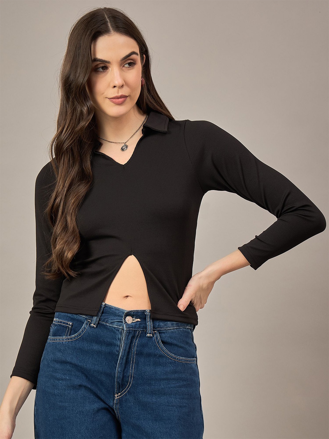 

The Roadster Lifestyle Co Women Shirt Collar Crop Top, Black