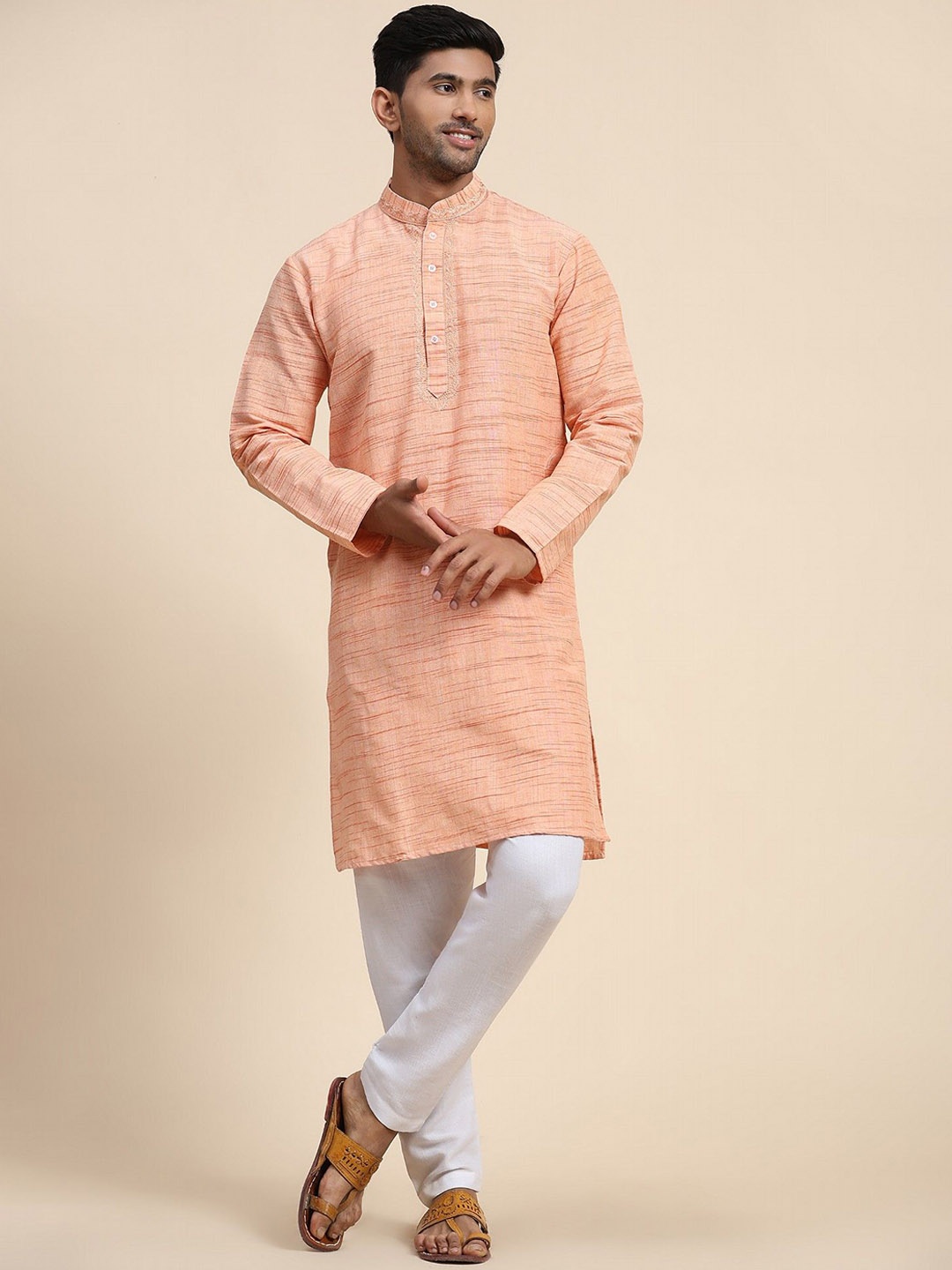 

SKAVIJ Striped Mandarin Collar Embroidered Regular Thread Work Straight Kurta with Pyjamas, Orange