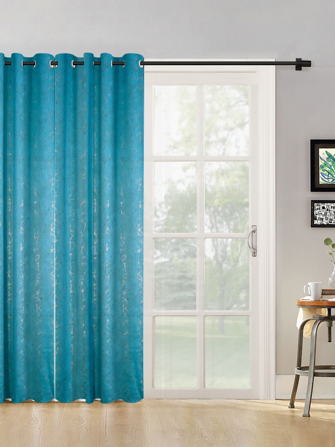 

SOKNACK Turquoise Blue & Gold-Toned Geometric Black Out Door Curtain