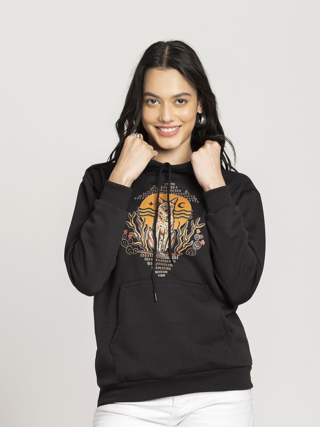 

OCTICS Women Graphic Printed Hooded Sweatshirt, Black