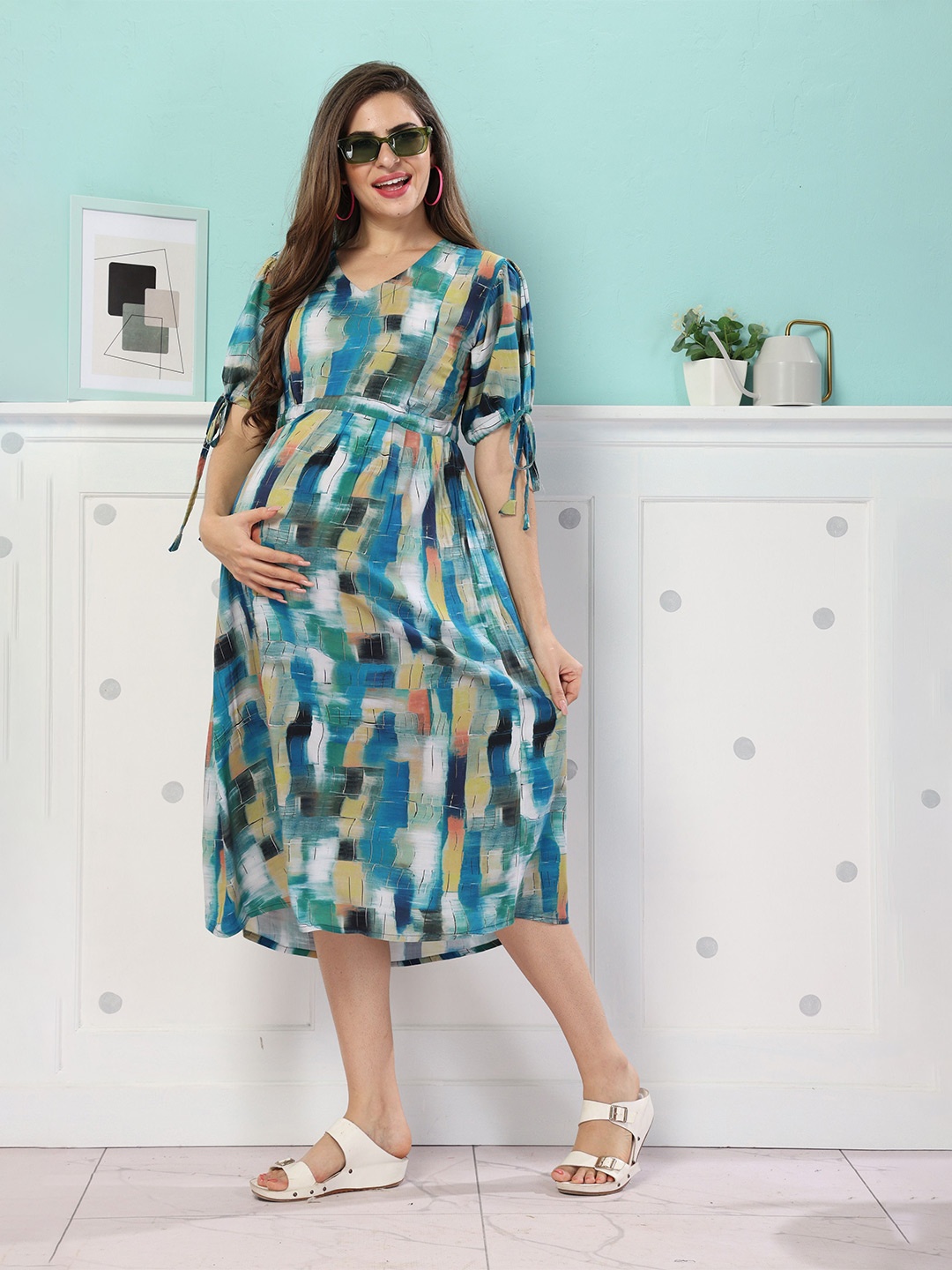 

EASY MOM Women Printed Liva Maternity Fit and Flare Midi Dress, Green