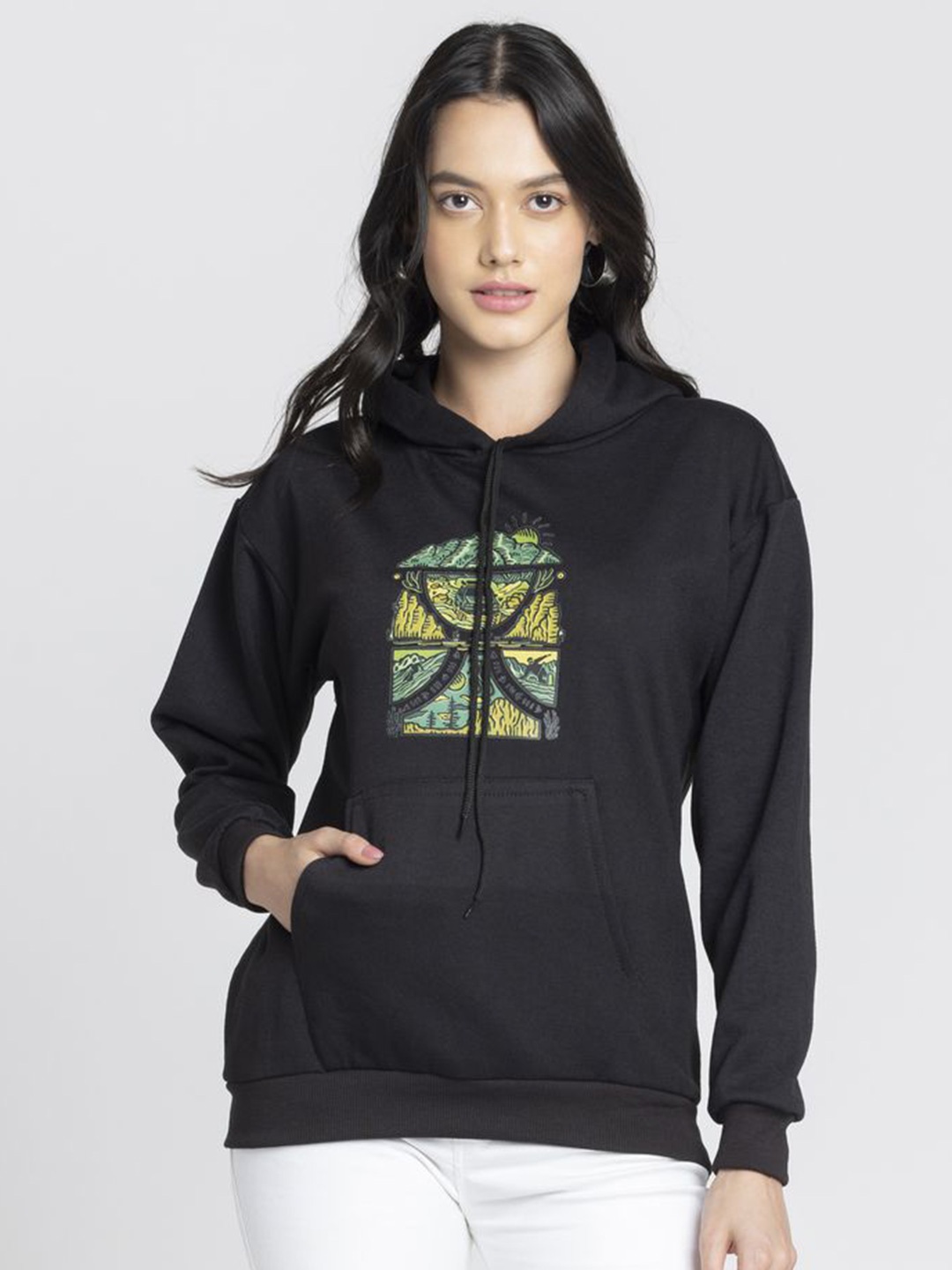 

OCTICS Women Printed Hooded Sweatshirts, Black