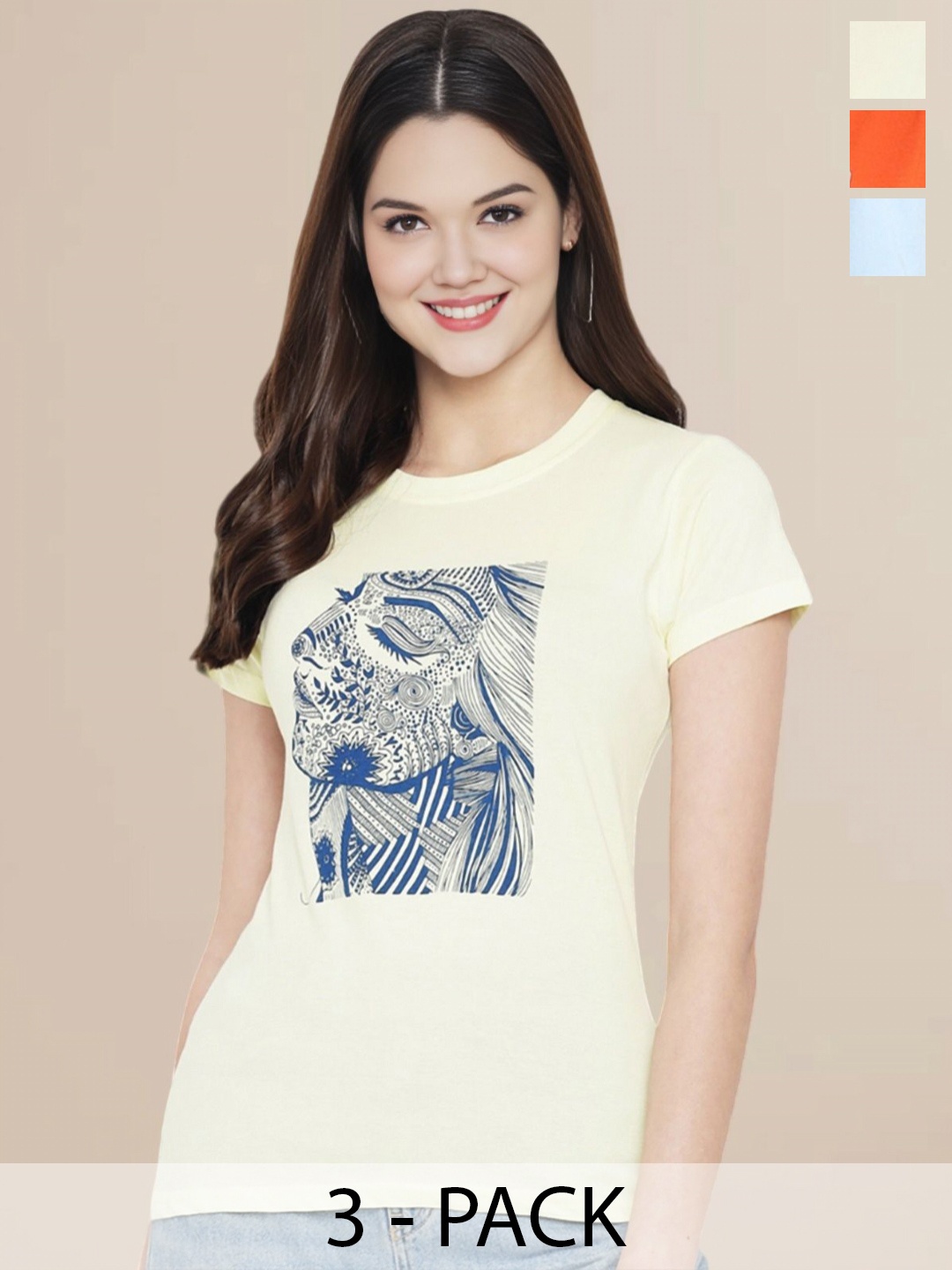 

Metronaut Women Typography Set of Cotton 3 T-shirt, Multi