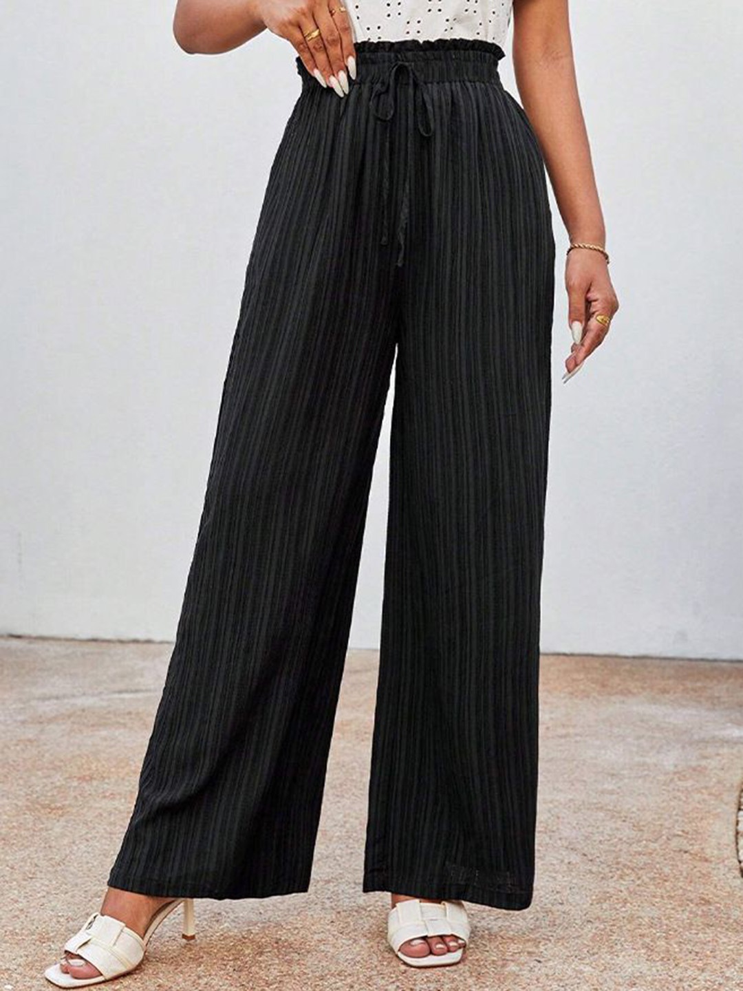 

StyleCast Women Textured Loose Fit Trousers, Black