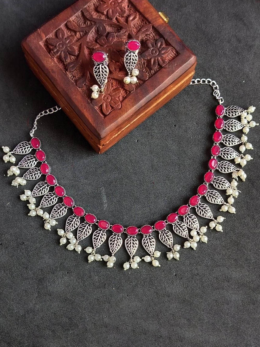 

Efulgenz Rhodium-Plated Crystal Studded Oxidized Jewellery Set, Silver