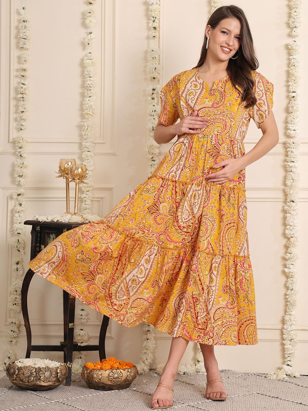 

Secret Wish Floral Print Layered Maternity Fit & Flare Midi Dress, Yellow