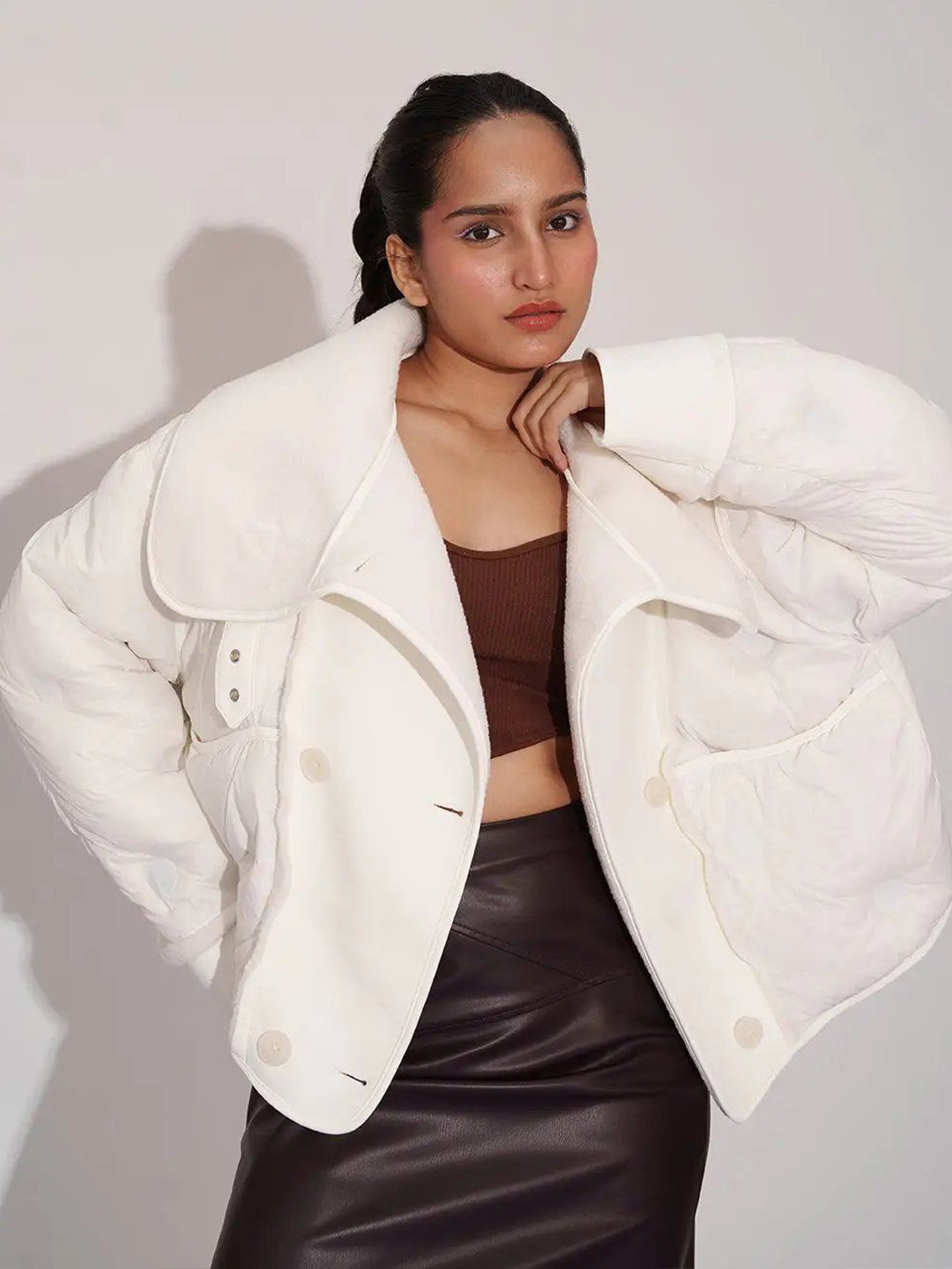 

FREAKINS Women Washed Colourblocked Puffer Jacket, White