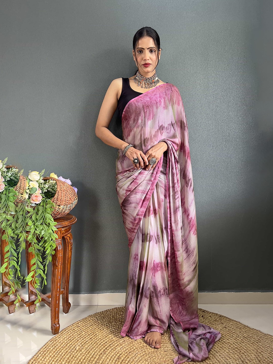 

KALINI Pure Chiffon Tie and Dye Ready to Wear Saree, Pink