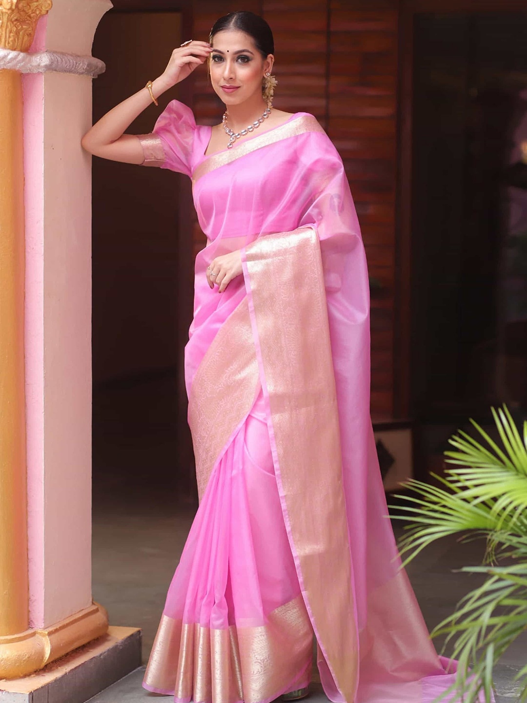 

KALINI Zari Organza Kanjeevaram Saree, Pink