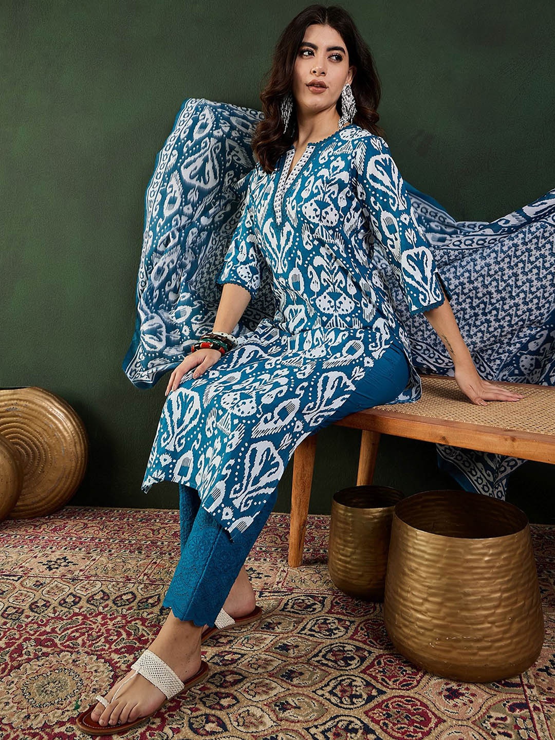 

Sangria Abstract Printed Pure Cotton Kurta Set With Dupatta, Turquoise blue