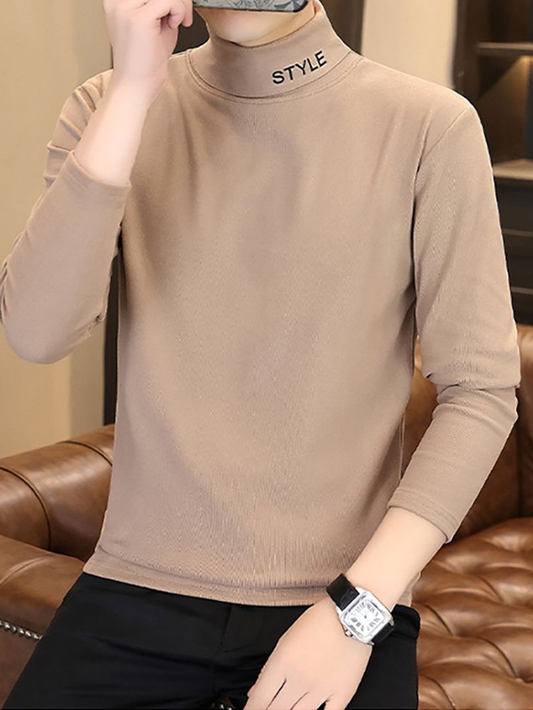 

StyleCast x Revolte Men Solid High Neck T-shirt, Beige