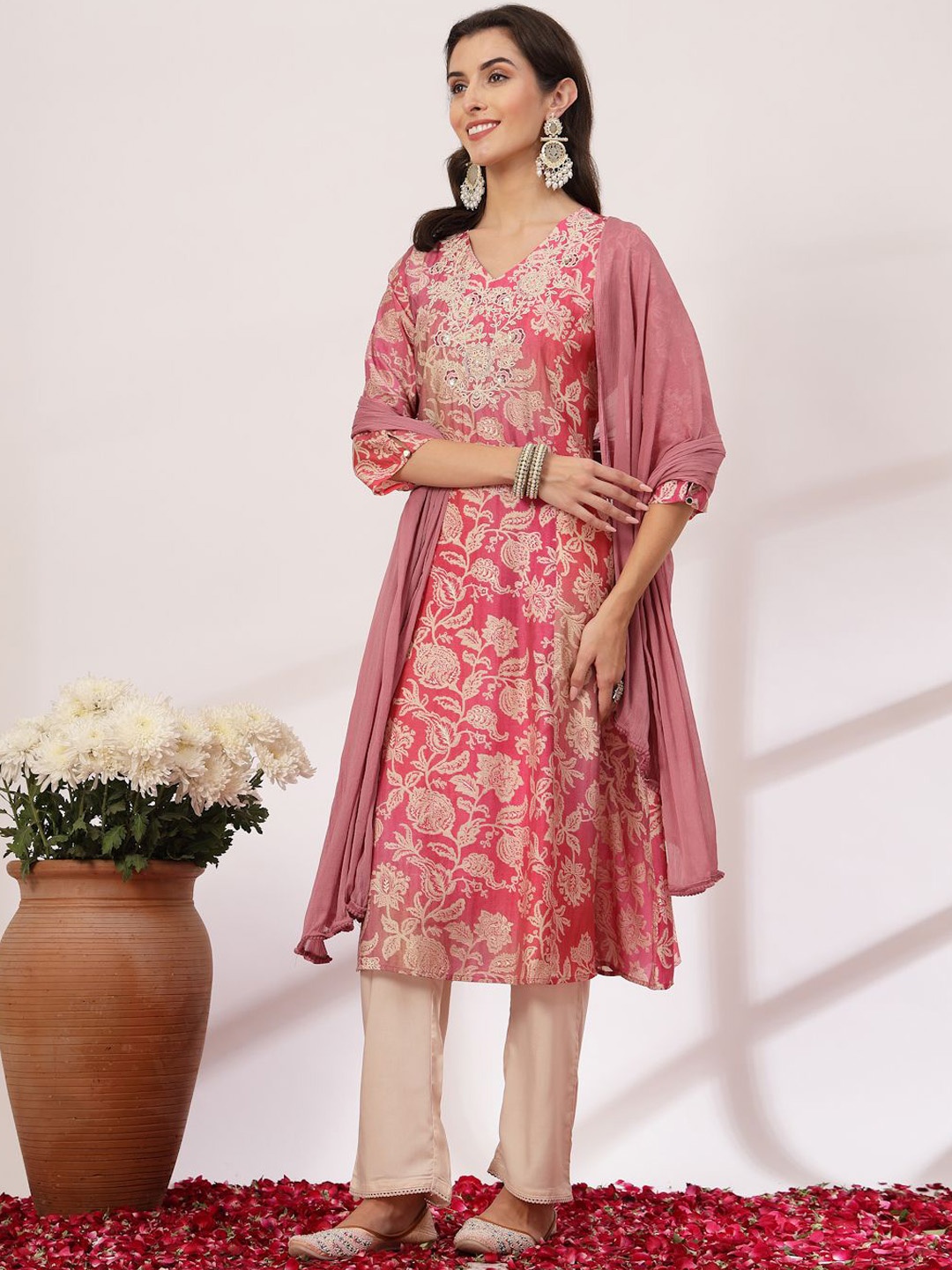 

Nayam By Lakshita Women Floral Printed Angrakha Chanderi Silk Kurta with Palazzos & With Dupatta, Fuchsia