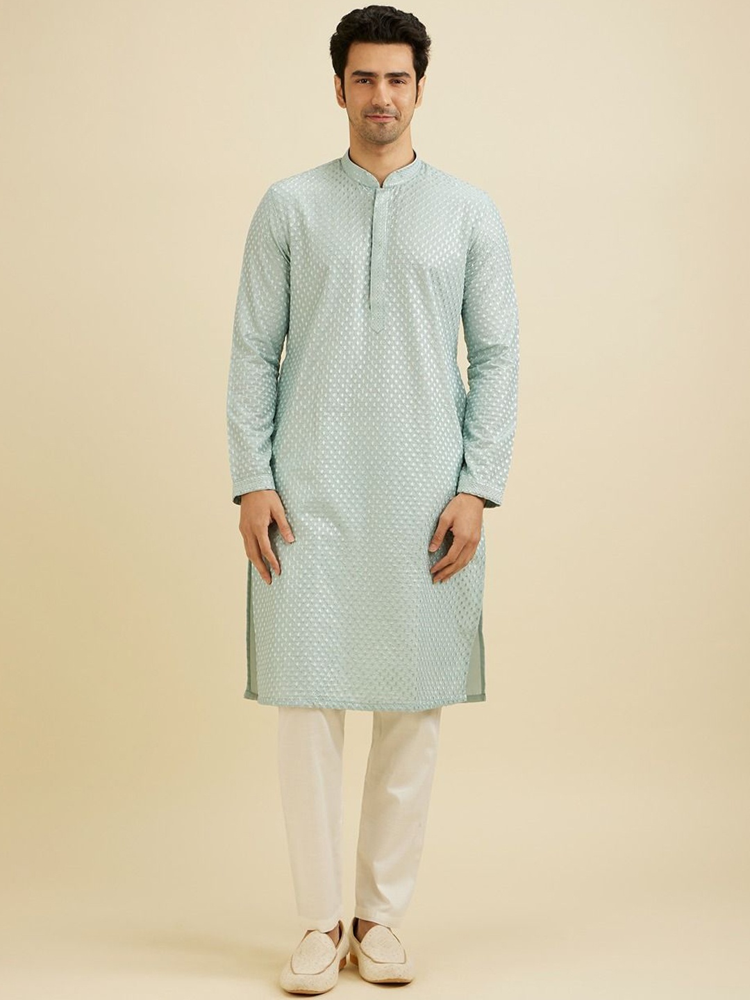 

Manyavar Men Embroidered Regular Sequinned Kurta with Pyjamas, Blue