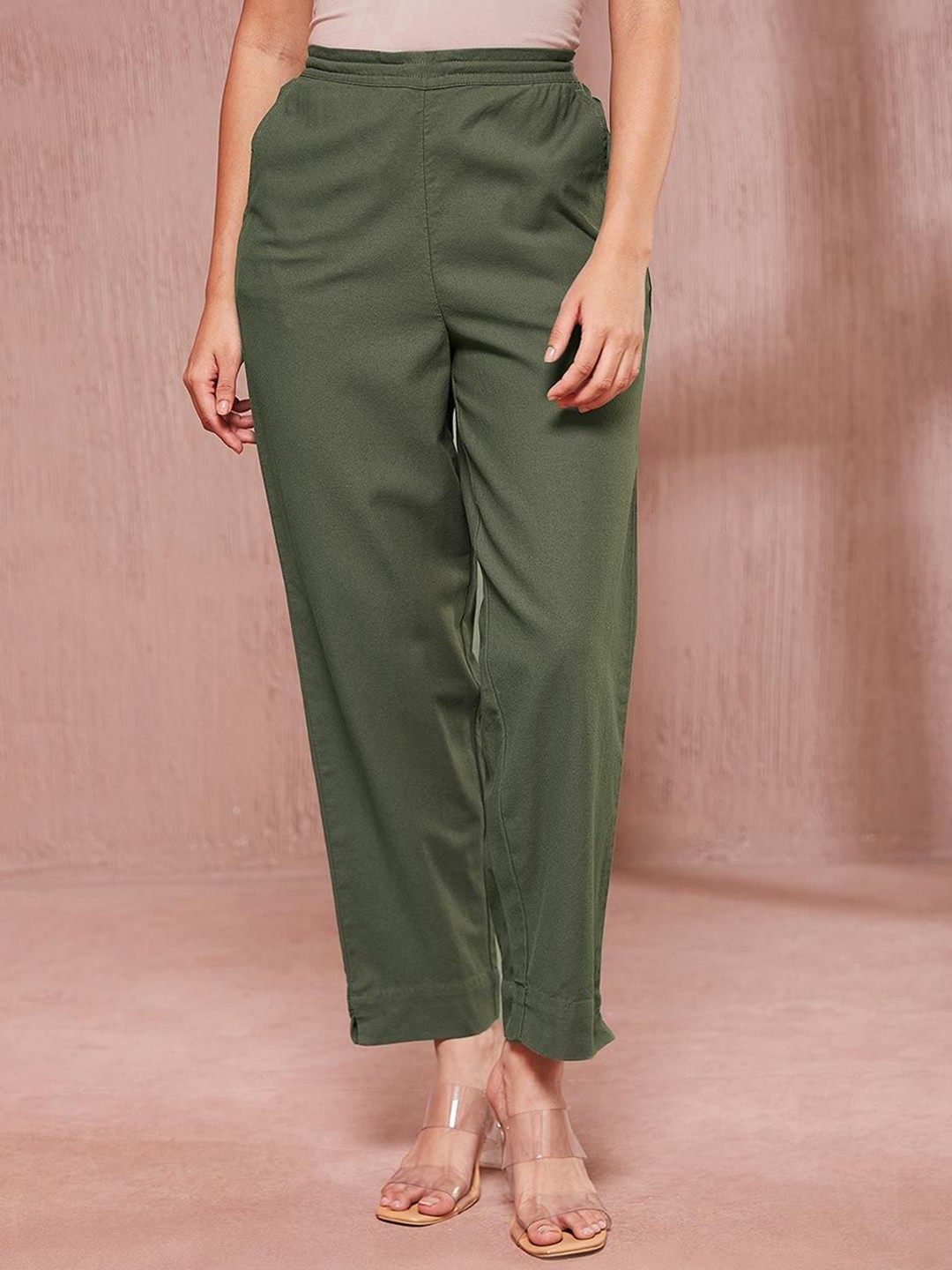 

Fabindia Women Cotton Regular Fit High-Rise Trousers, Green