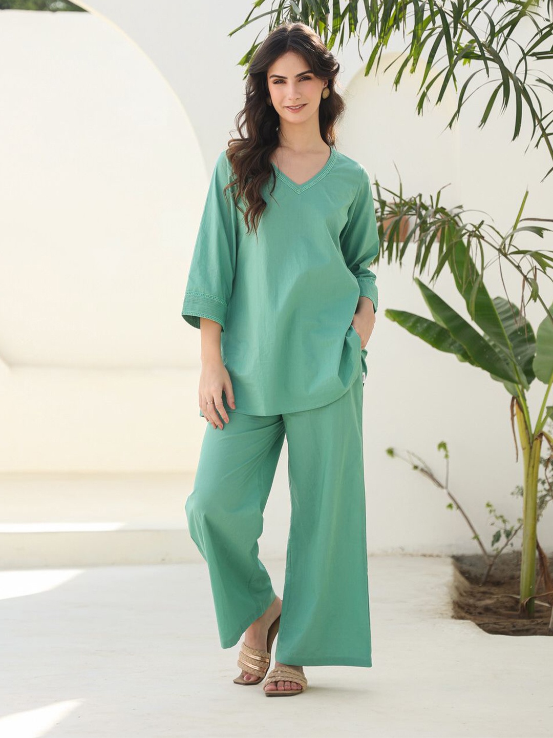 

JISORA V Neck Pure Cotton Top With Palazzo, Green
