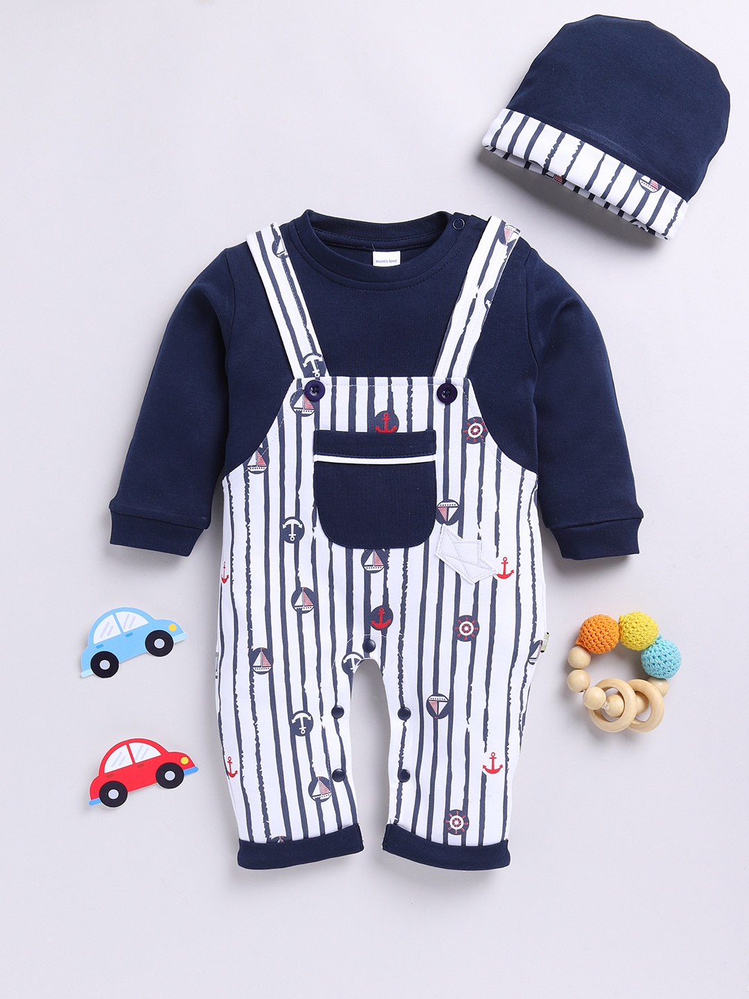 

Moms Love Infant Boys Pure Cotton Party Romper with Cap, Navy blue