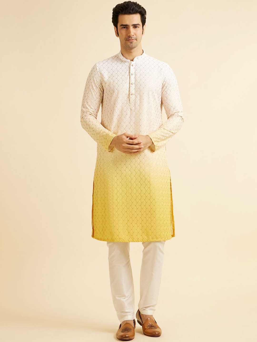 

Manyavar Men Embroidered Regular Sequinned Kurta with Pyjamas, Yellow