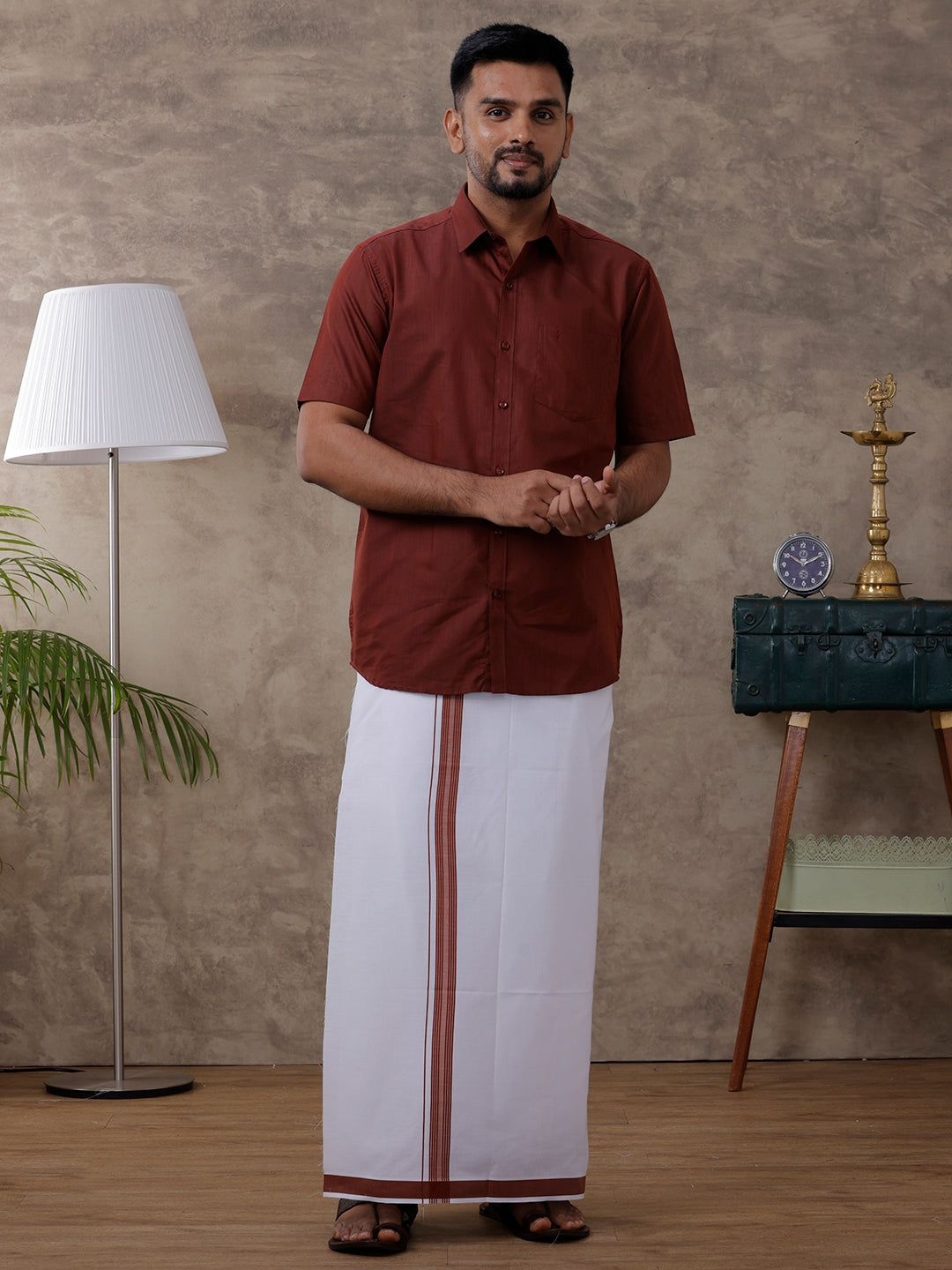 

Ramraj Regular Collar Shirt with Dhoti, Brown