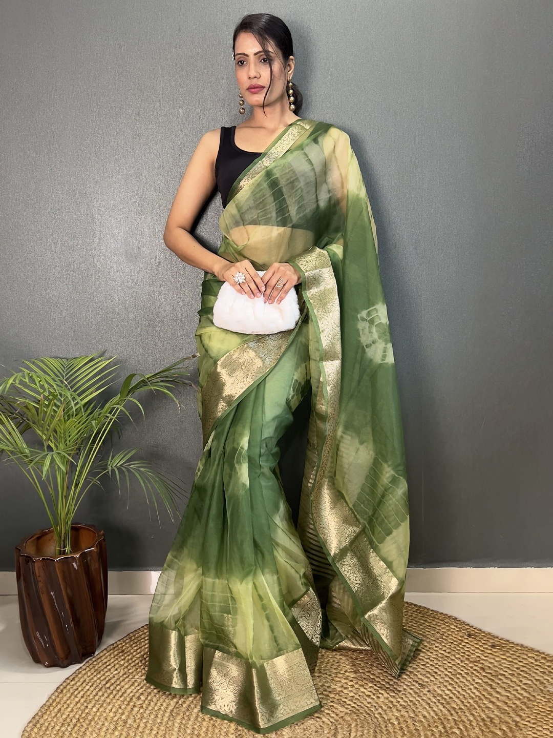 

KALINI Tie and Dye Zari Organza Leheriya Saree, Green