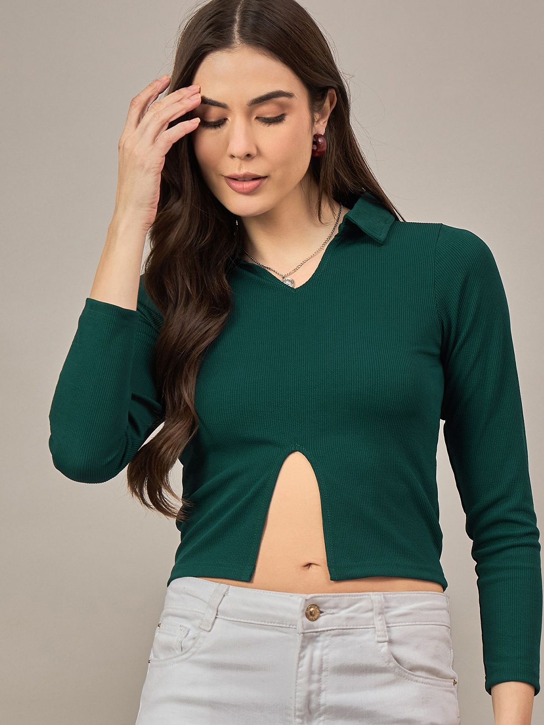 

The Roadster Lifestyle Co Women Shirt Collar Long Sleeves Crop Top, Teal