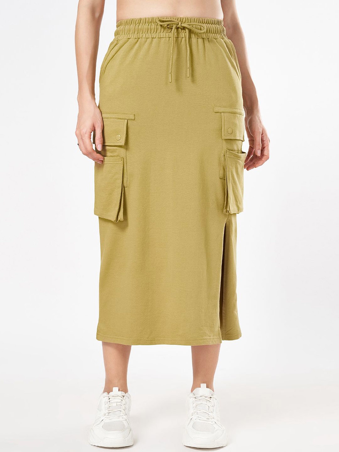 

Ajile by Pantaloons Pure Cotton Straight Midi Skirt, Olive