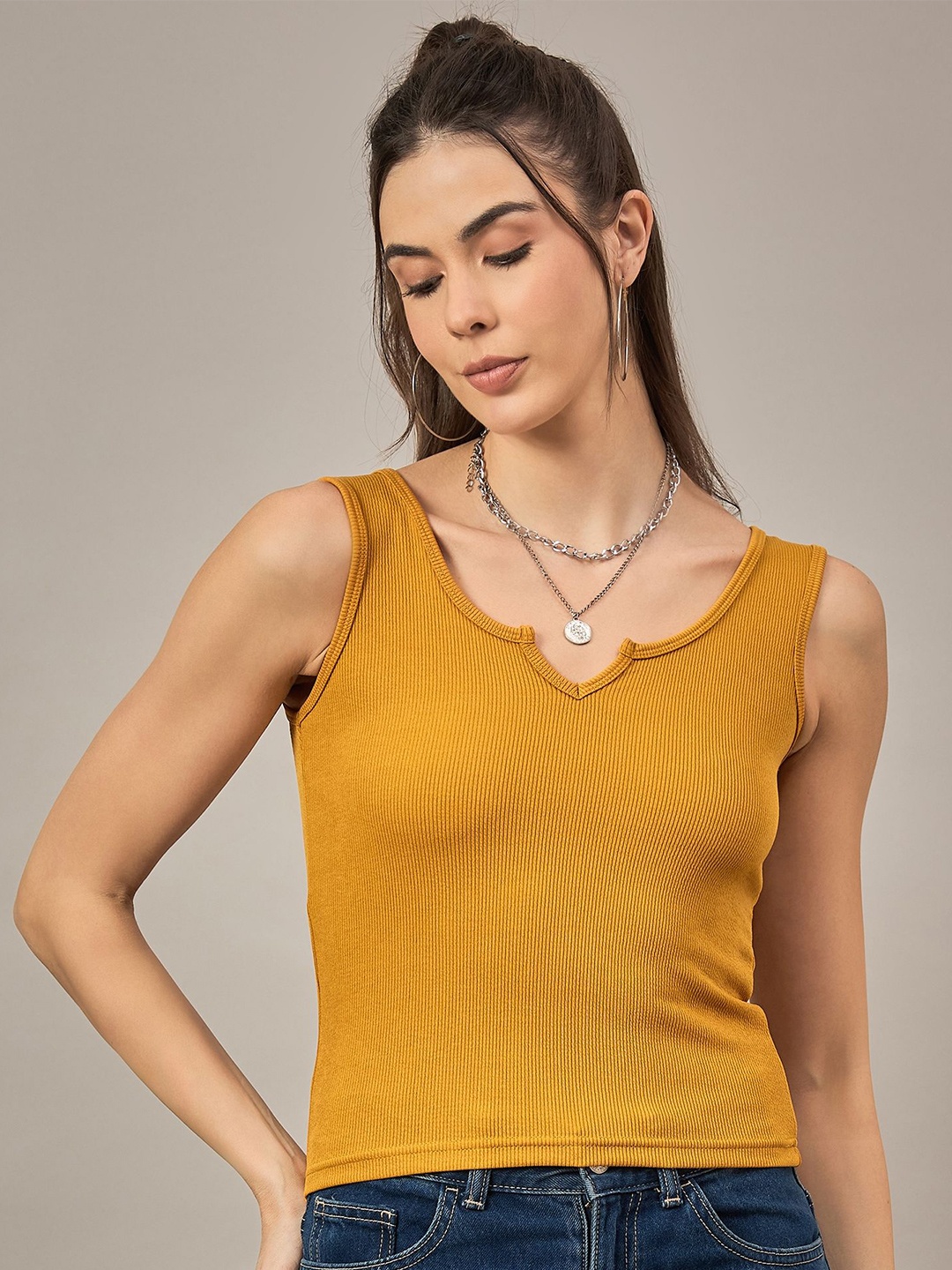 

The Roadster Lifestyle Co Women Ribbed Sleeveless Top, Mustard