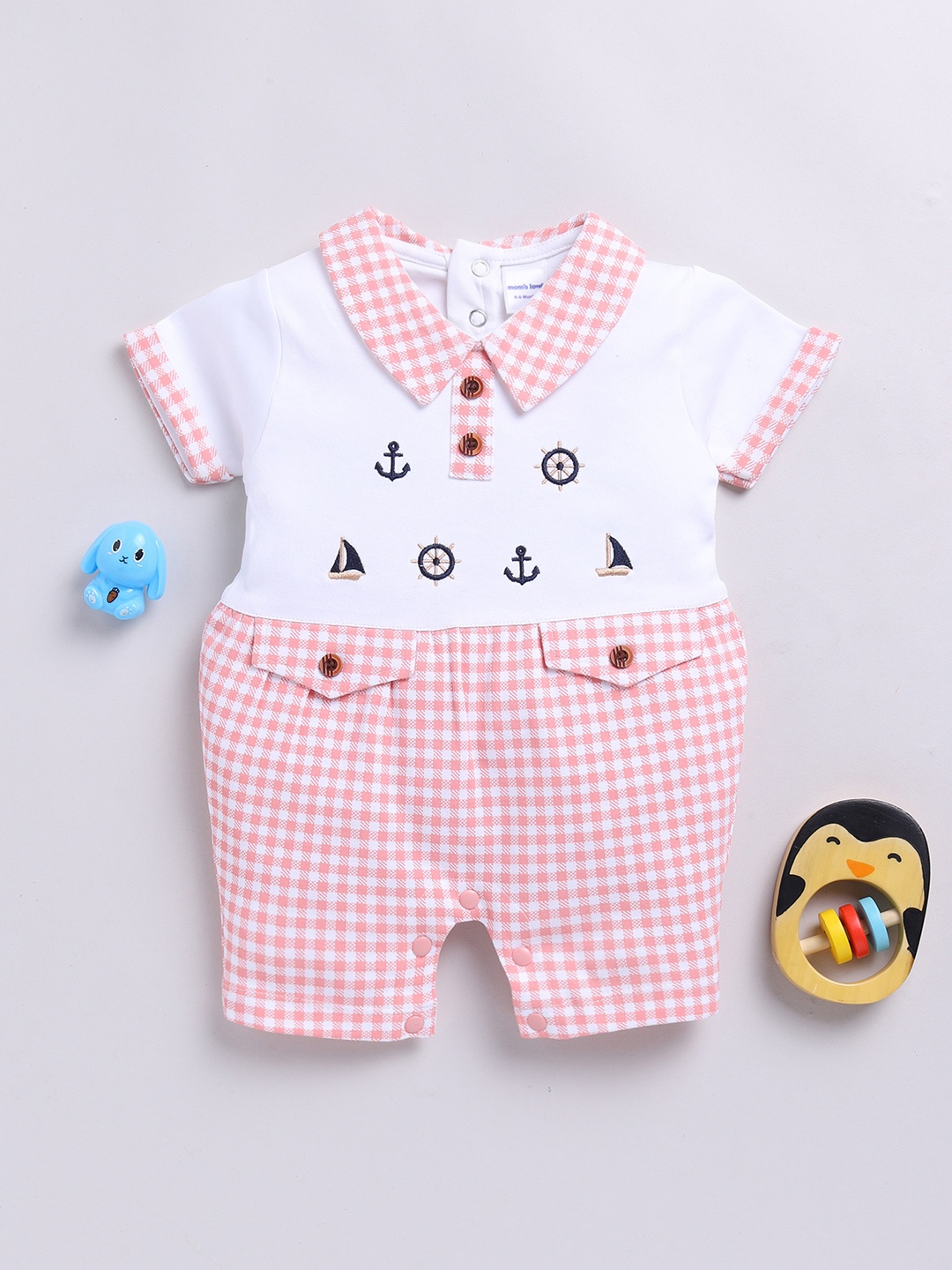 

Moms Love Infant Boys Checked Pure Cotton Party Romper, Peach