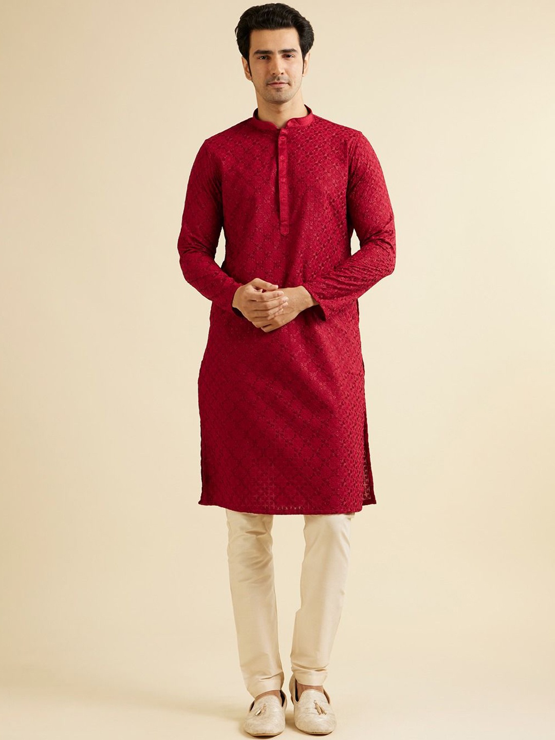 

Manyavar Men Embroidered Regular Sequinned Kurta with Pyjamas, Red