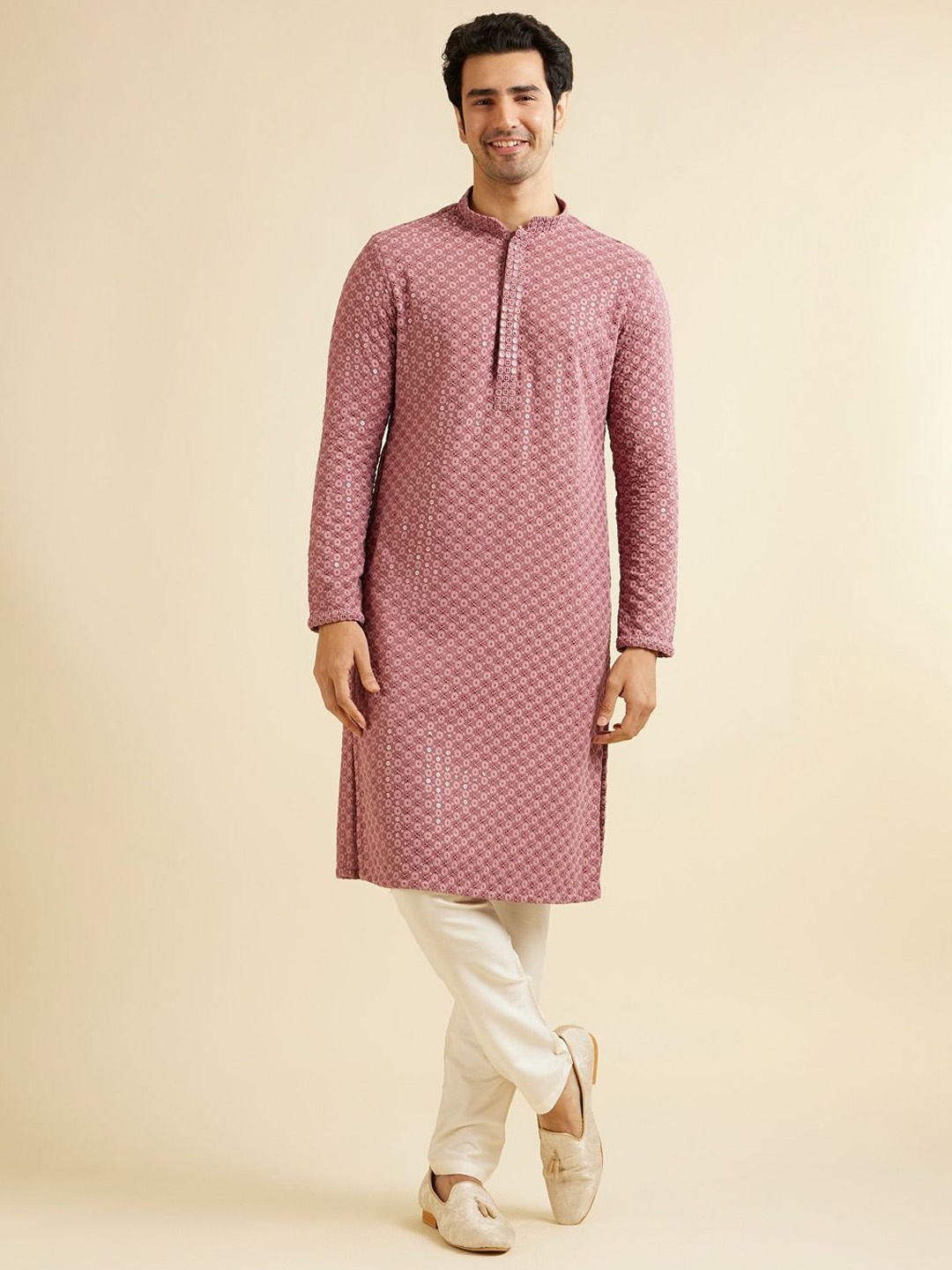 

Manyavar Men Ethnic Motifs Embroidered Regular Sequinned Kurta with Pyjamas, Pink