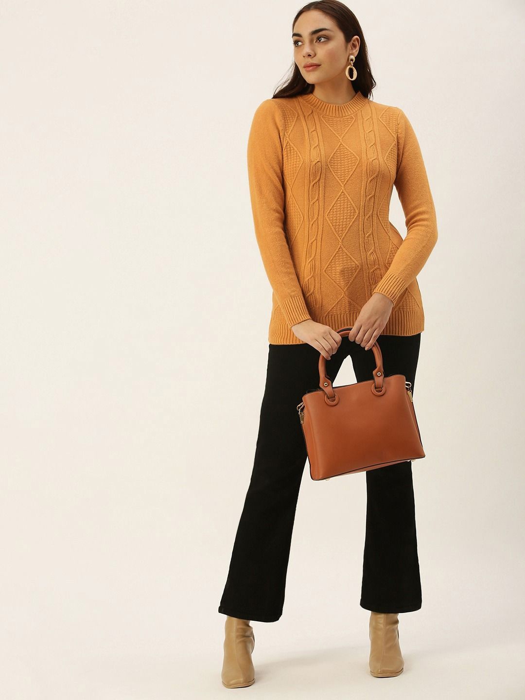 

SHECZZAR Women Cable Knit Woollen Pullover, Brown