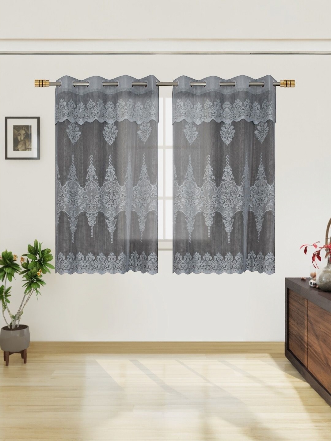 

BIGGER FISH Grey Set of 2 Floral Sheer Window Curtain