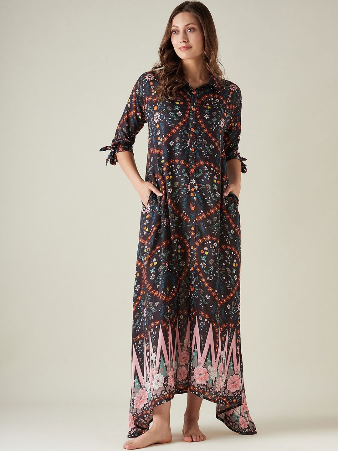 

The Kaftan Company Floral Gown Lounge dress, Black