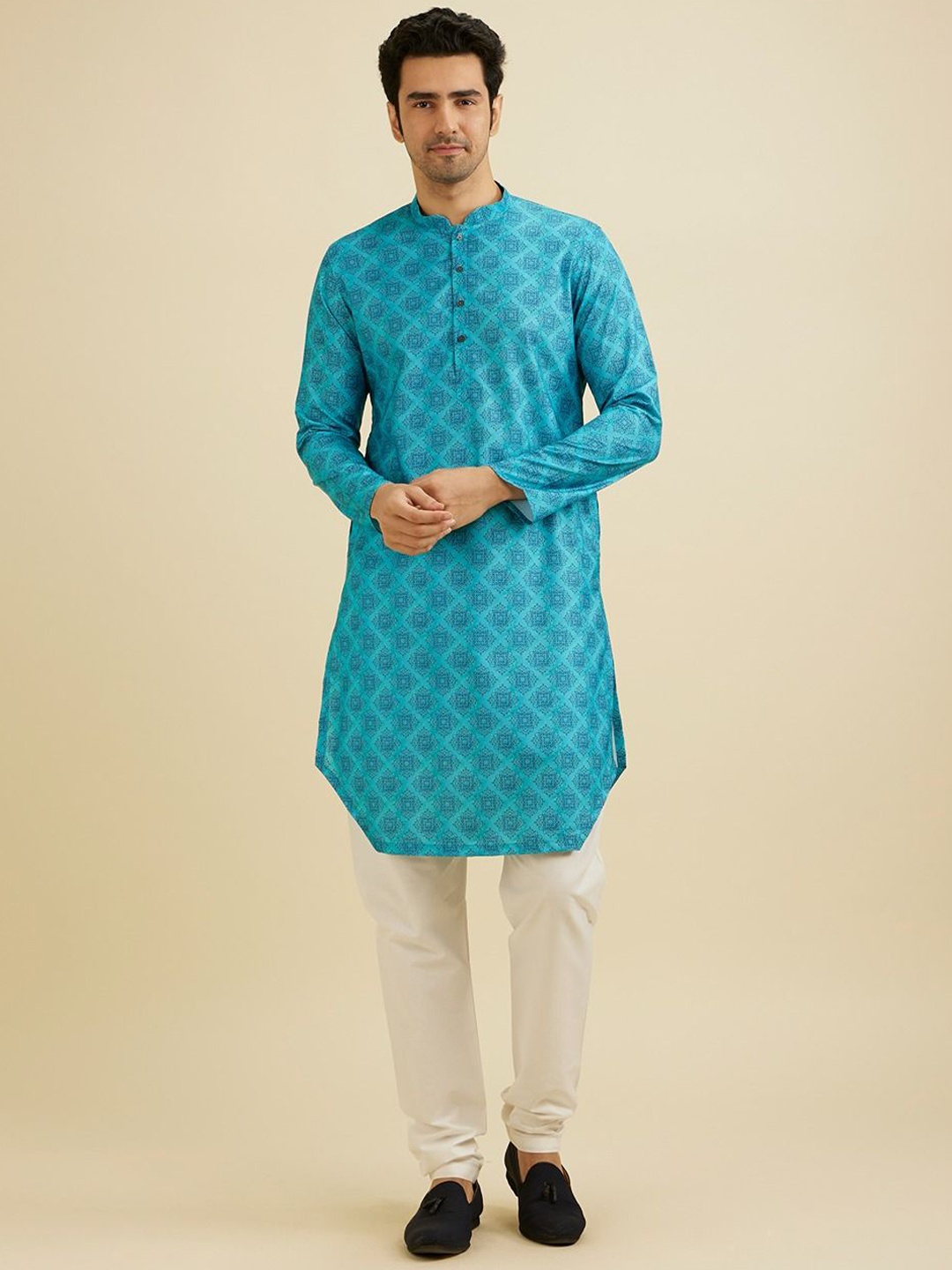 

Manyavar Men Floral Printed Kurta, Turquoise blue