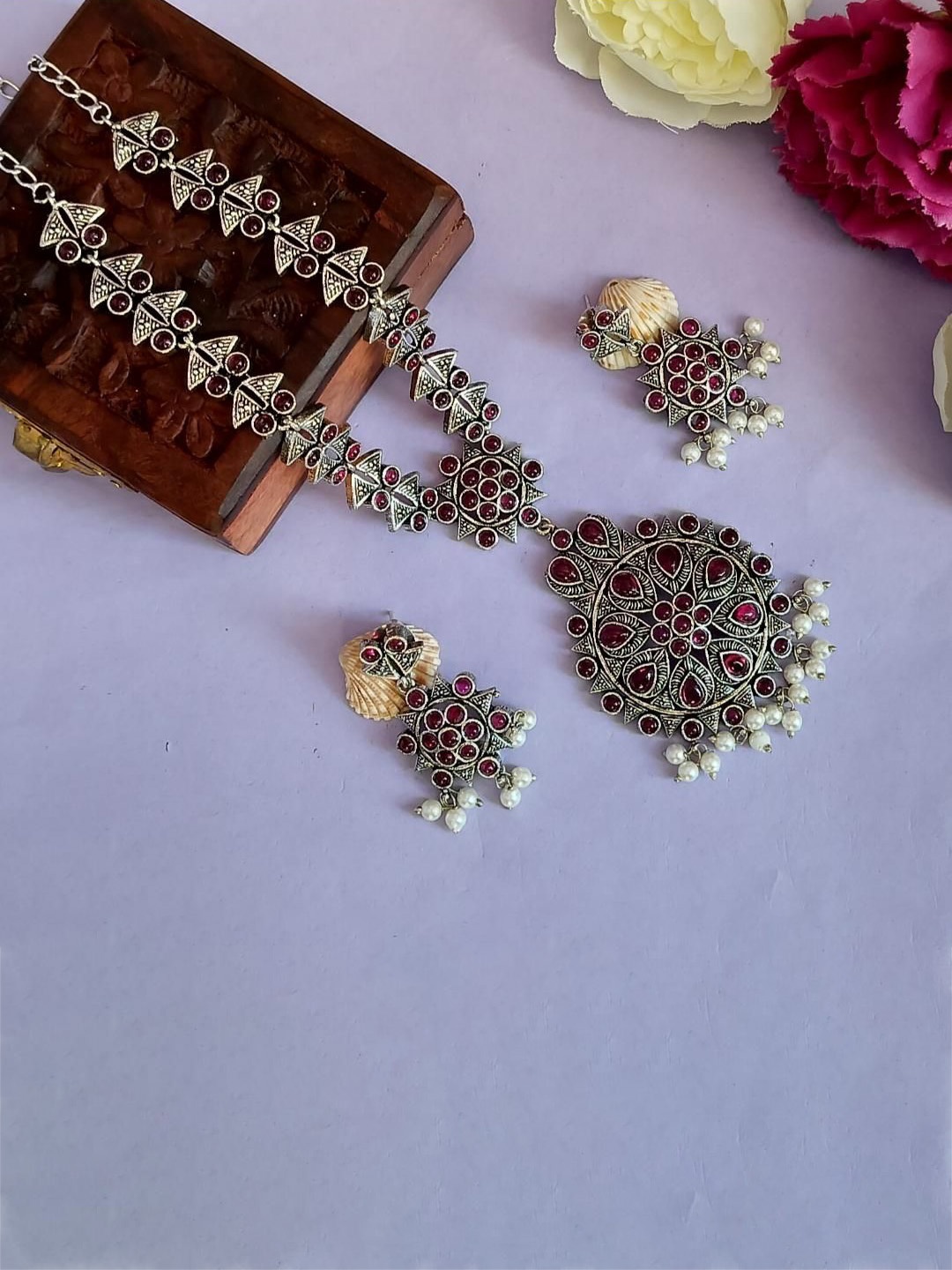 

Efulgenz Rhodium-Plated CZ Stones & Beaded Jewellery Set, Silver