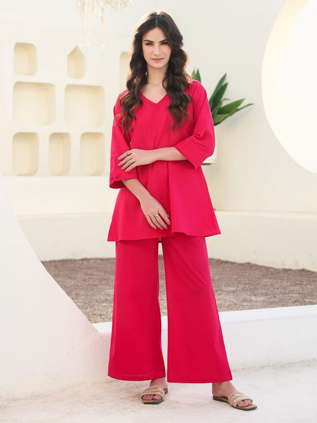 

JISORA V-Neck Pure Cotton Tunic With Palazzo, Pink