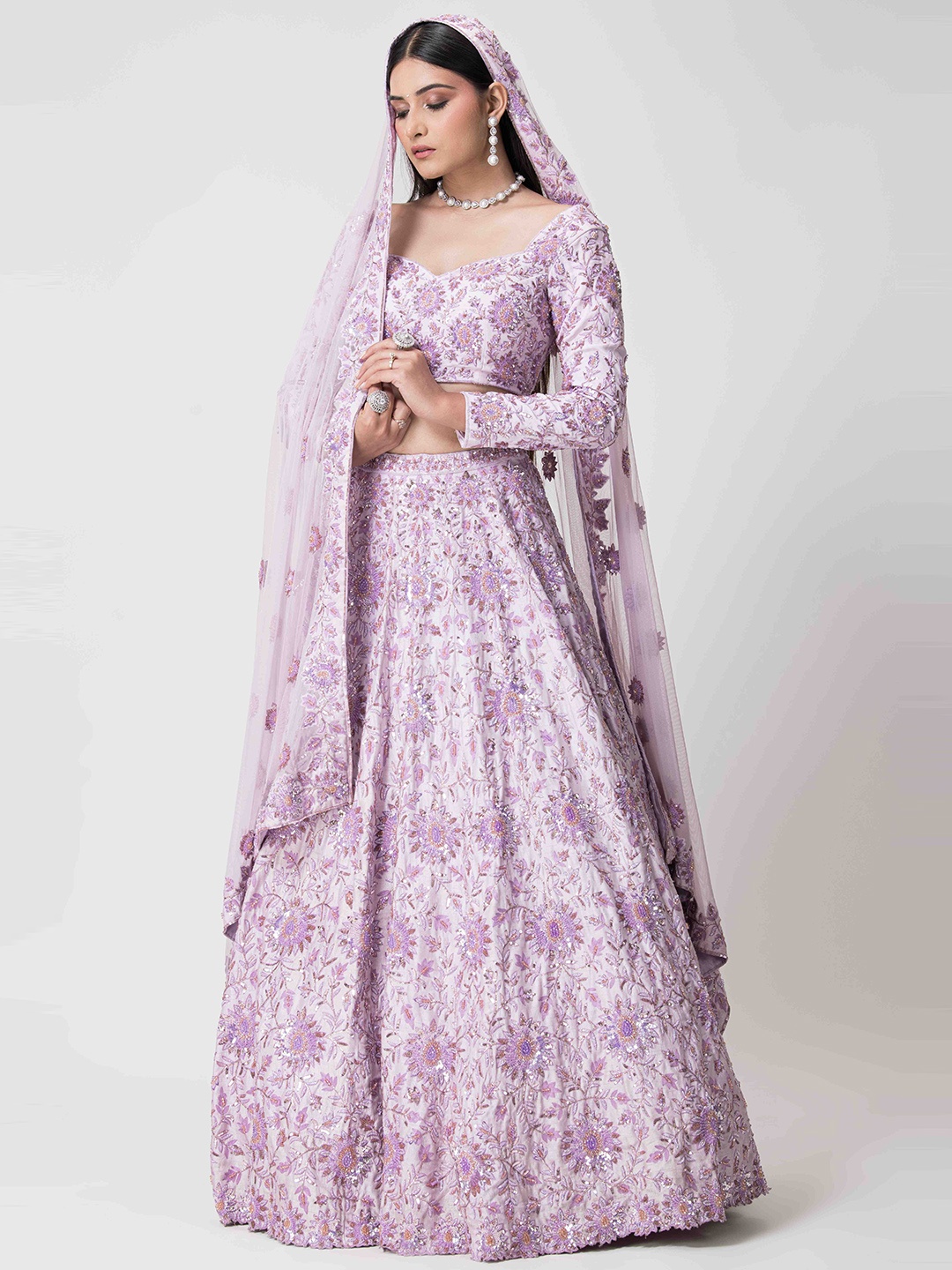 

The Front Row Embellished Sequinned Ready to Wear Lehenga & Blouse With Dupatta, Lavender