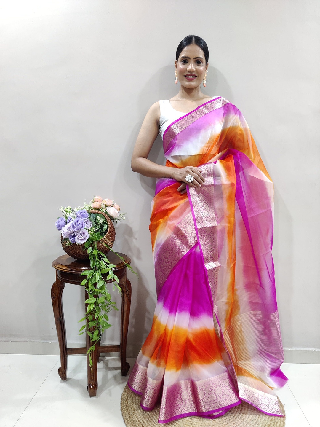

KALINI Tie and Dye Zari Organza Kanjeevaram Saree, Pink
