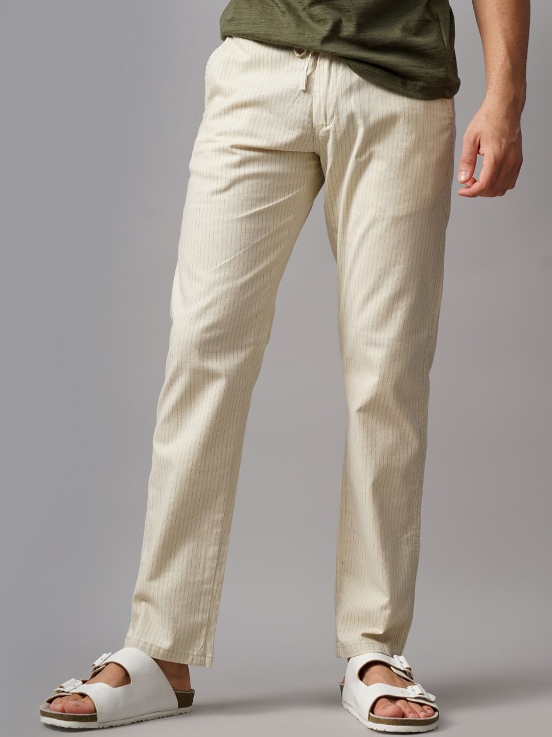 

PAUL STREET Men Striped Relaxed Straight Fit Trousers, Beige