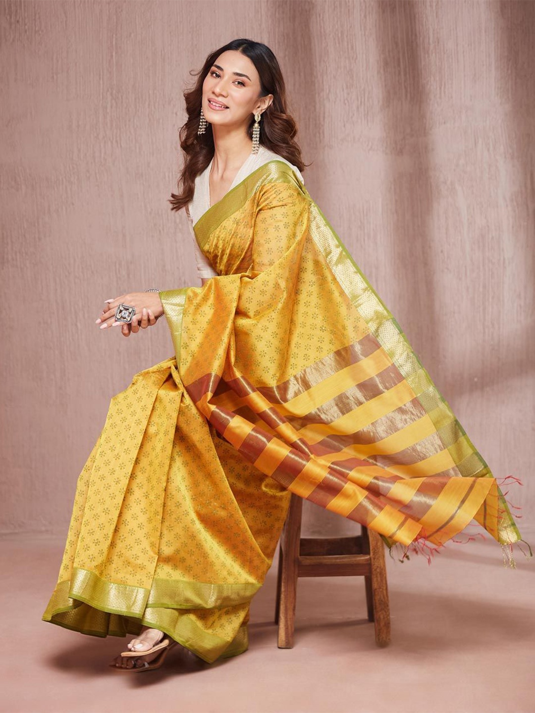 

Fabindia Woven Design Block Printed Saree, Mustard