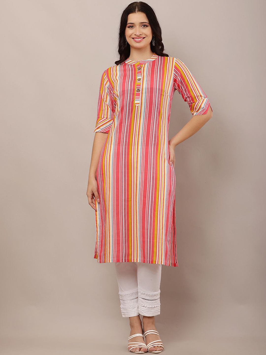 

HELLO DESIGN Striped Mandarin Collar Cotton Straight Kurta, Red