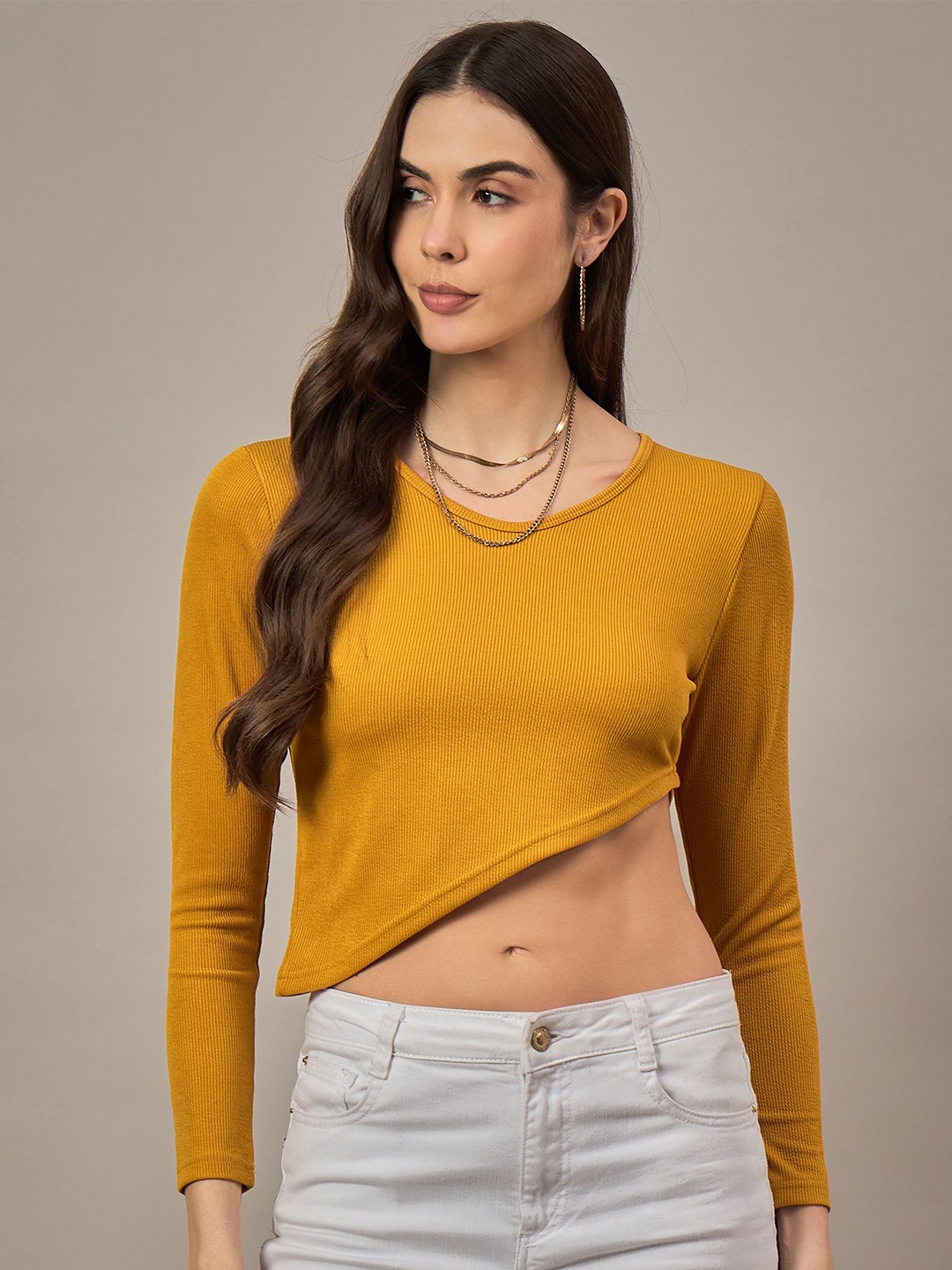 

The Roadster Lifestyle Co Women Round Neck Crop Top, Mustard