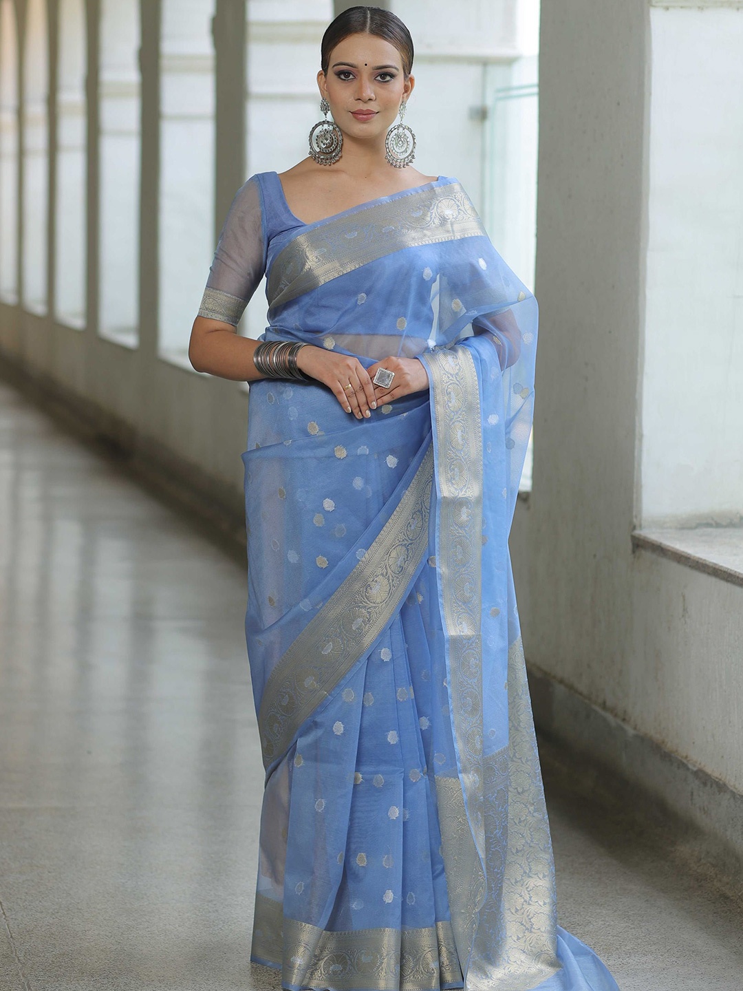 

V3 FASHION STUDIO Ethnic Motifs Zari Organza Saree, Blue