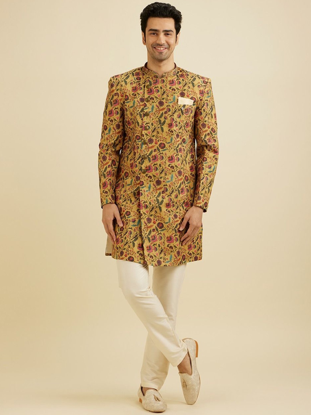 

Manyavar Men Floral Printed Regular Kurta with Trousers, Mustard